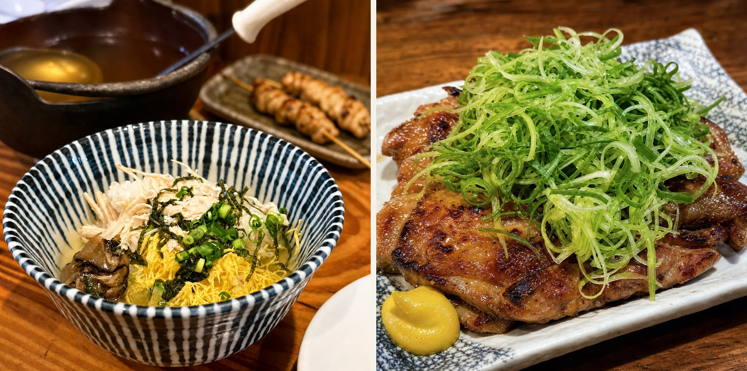 左は鶏のほぐし身・錦糸卵・椎茸・青ねぎ・刻み海苔がのった鳥しんの鶏飯。右は炭火で焼いた鶏もも肉に刻みねぎをたっぷりのせ、辛子を添えたもものひらき