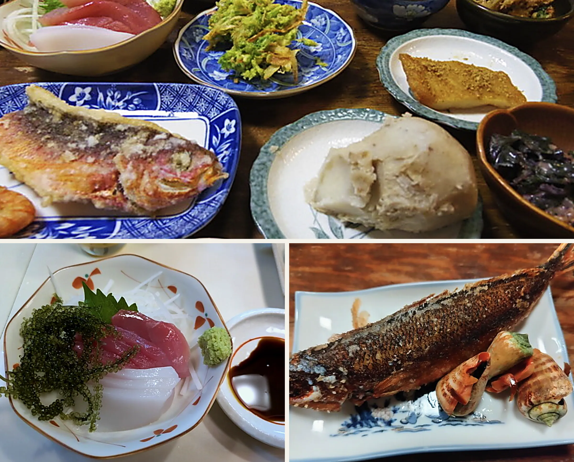 上はテーブルに並んだコースの皿。刺身、天ぷら、魚の塩焼き、白い餅のようなもの、小鉢が同時に出ている。下左は海ぶどうを添えた刺身、下右は魚の塩焼きと巻貝