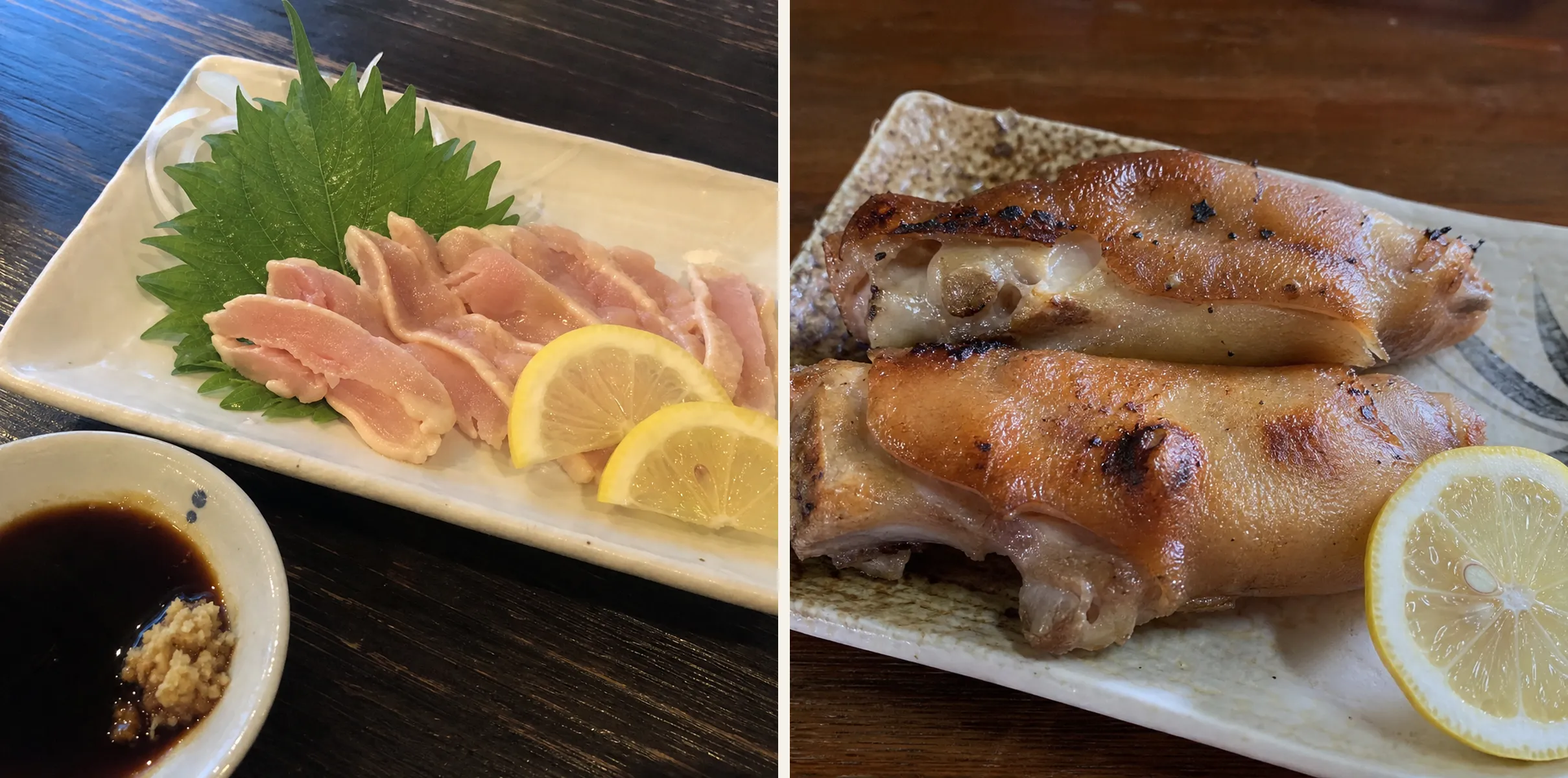 左は大葉と玉ねぎ、レモンを添えたとりさしと、生姜を溶いた醤油だれ。右は香ばしく焼き上げた豚足塩焼きをレモンを添えて2本盛りにした皿