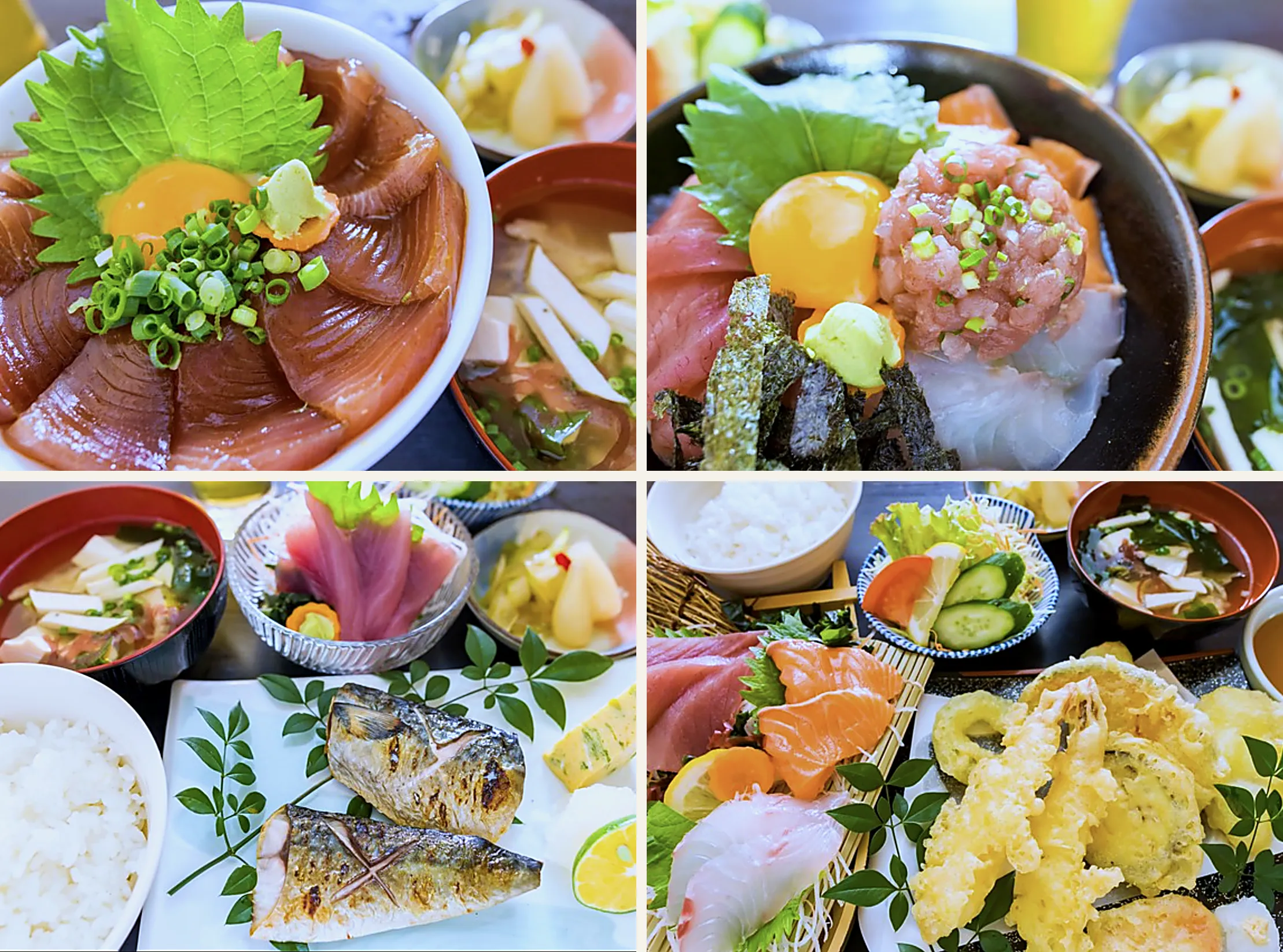 ランチ4品。左上はマグロの漬け丼、右上は海鮮丼、左下は焼き魚定食、右下は刺身三種盛りと天ぷらの定食。どれも味噌汁と漬物が付く
