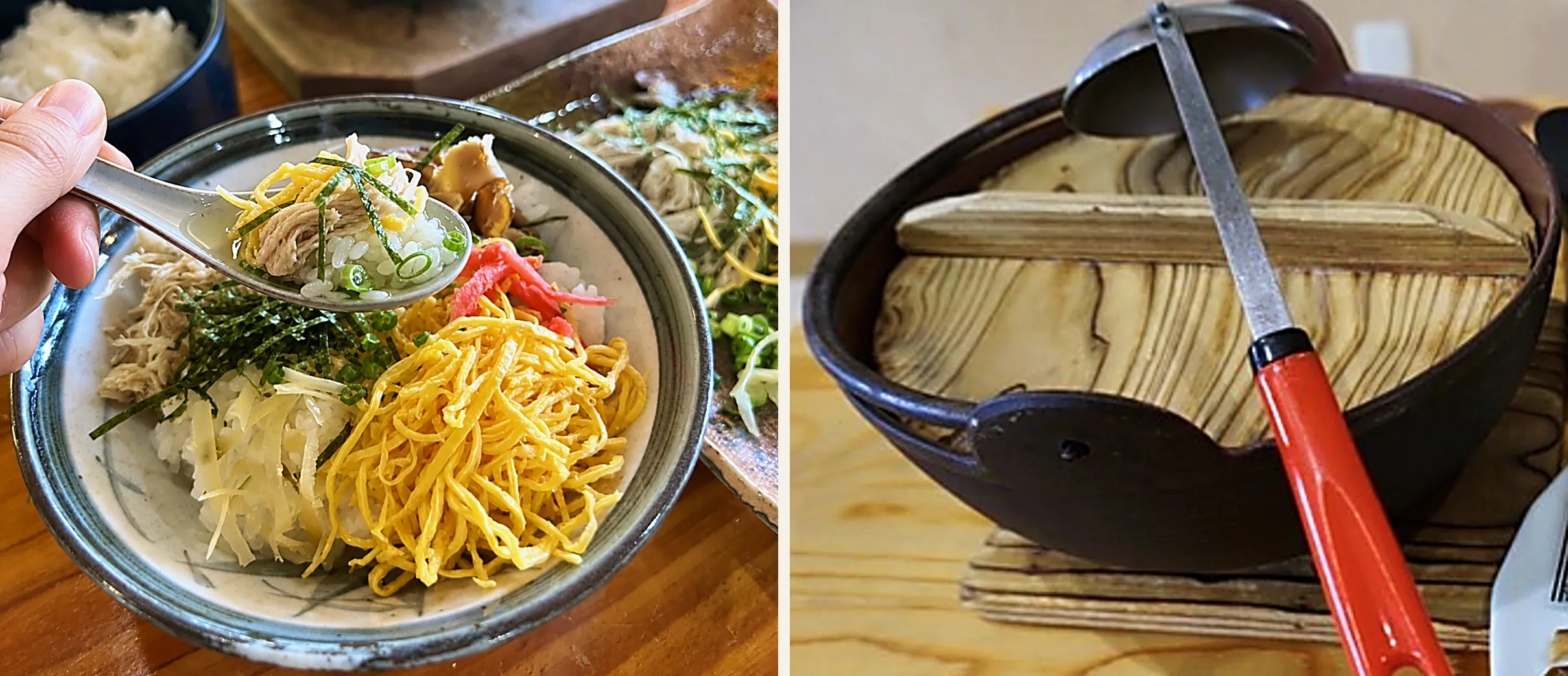 左はご飯の上に錦糸卵・ほぐし鶏・刻み海苔・紅生姜がのった鶏飯を、レンゲですくい上げたところ。右は木の蓋がのった黒い鉄鍋と、赤い柄の柄杓。鍋は木の台に置かれている
