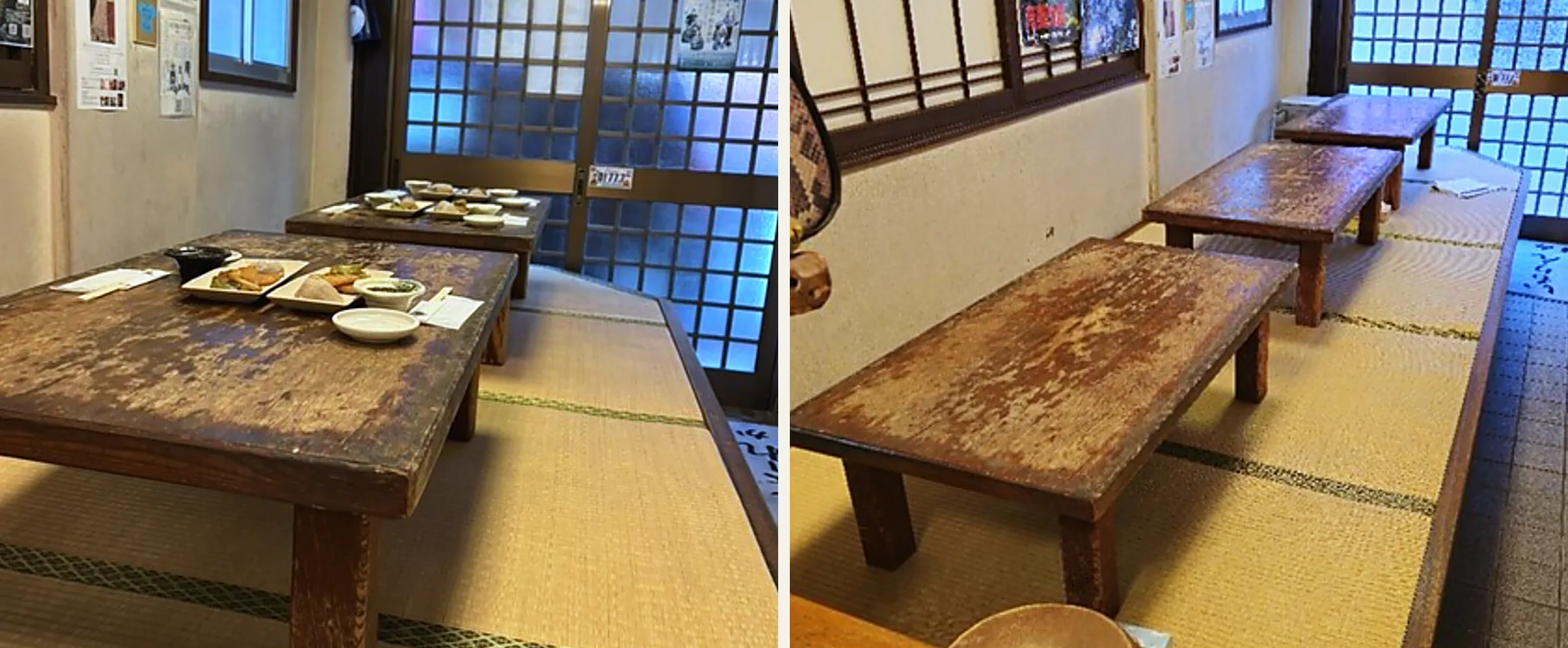 畳の座敷に低い木のテーブルが並ぶ店内。ガラス戸から外の光が入っている
