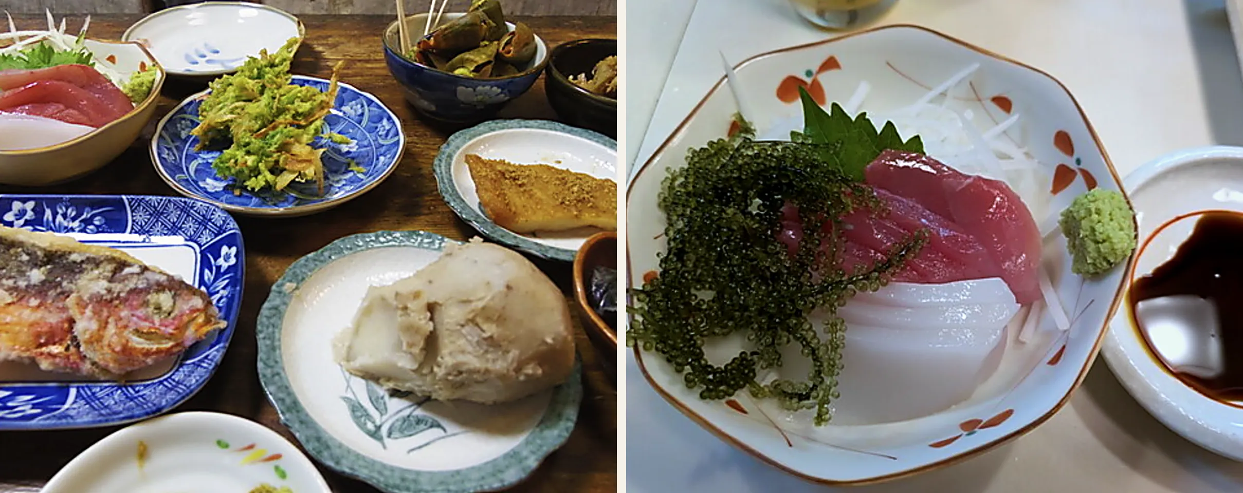 左は木のテーブルに刺身・天ぷら・焼き魚・小鉢が並んだ島料理の食卓。右は海ぶどうとまぐろ・いかの刺身を盛った皿と、しょうゆの小皿