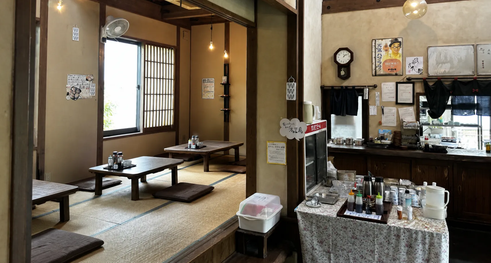 畳の座敷と、花柄クロスのテーブルに薬味・ポット・ピッチャーが並ぶセルフサービスコーナー