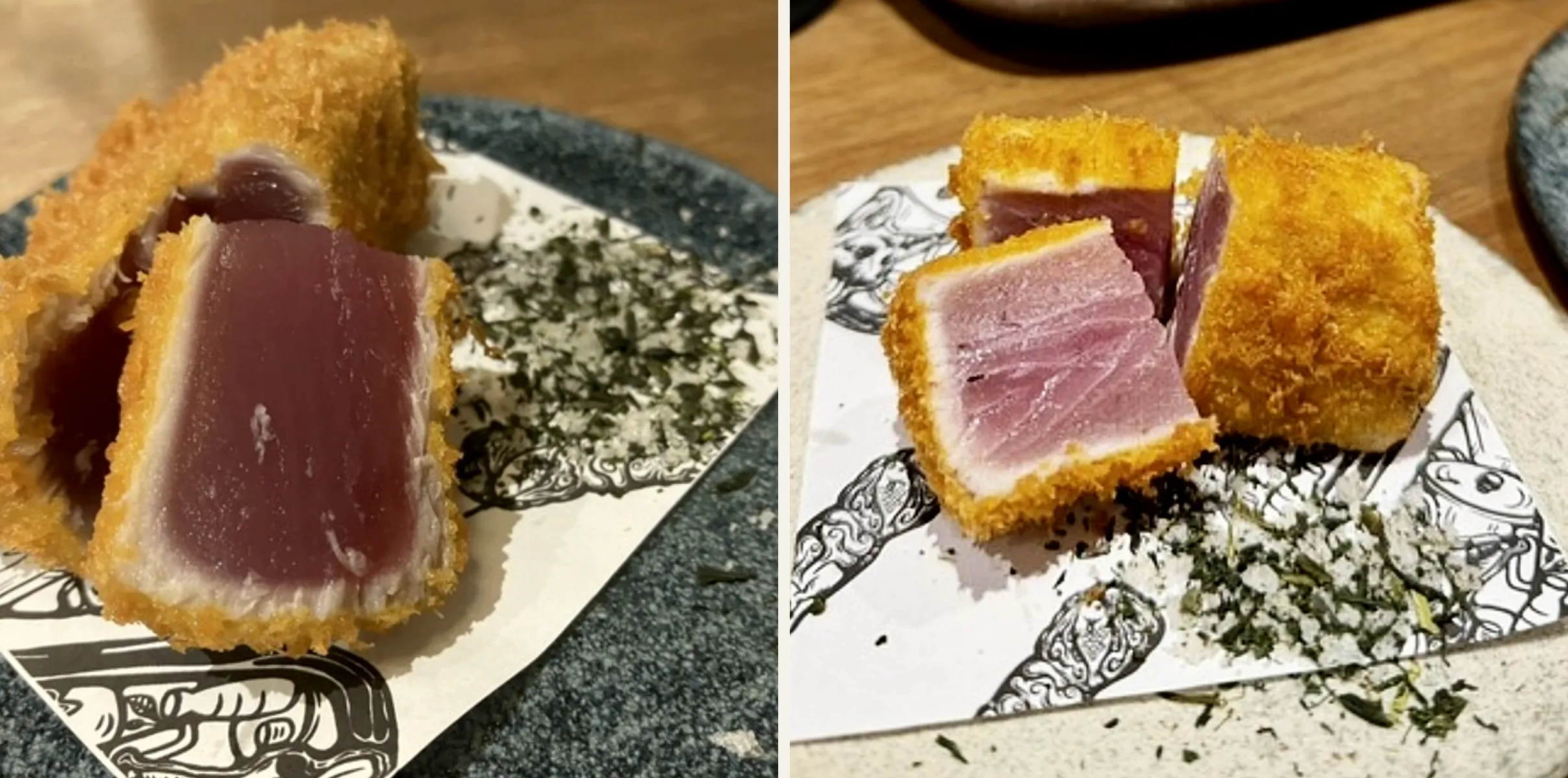 左は断面を見せたしびのカツレツ。衣の中の身は中心が生に近い赤いまま。右は3切れに切り分けて店のロゴ入りの敷き紙にのせたところ