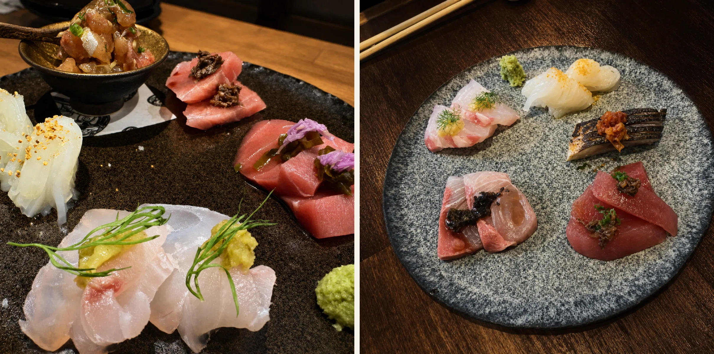 黒い皿に並んだ刺身の盛り合わせ。白身・赤身・イカに、それぞれ違う薬味や漬けだれが少しずつのせられている